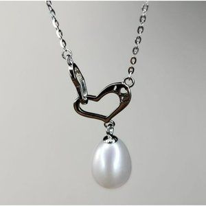Stamped I‎ LOVE U 925S Silver Drop Freshwater Pearl Pendant Heart Necklace